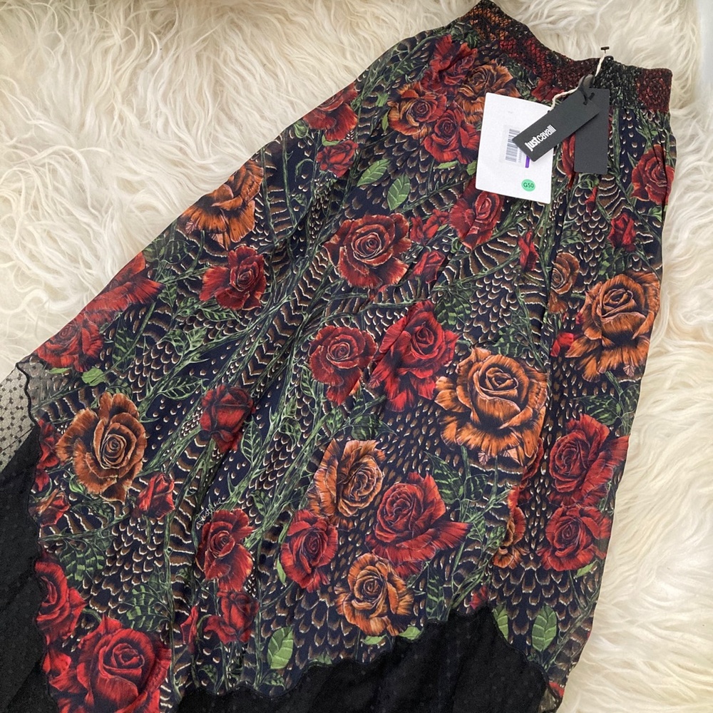 Just Cavalli Black Midi Dress with Red & Brown Rose Print NWT - Picture 5 of 8